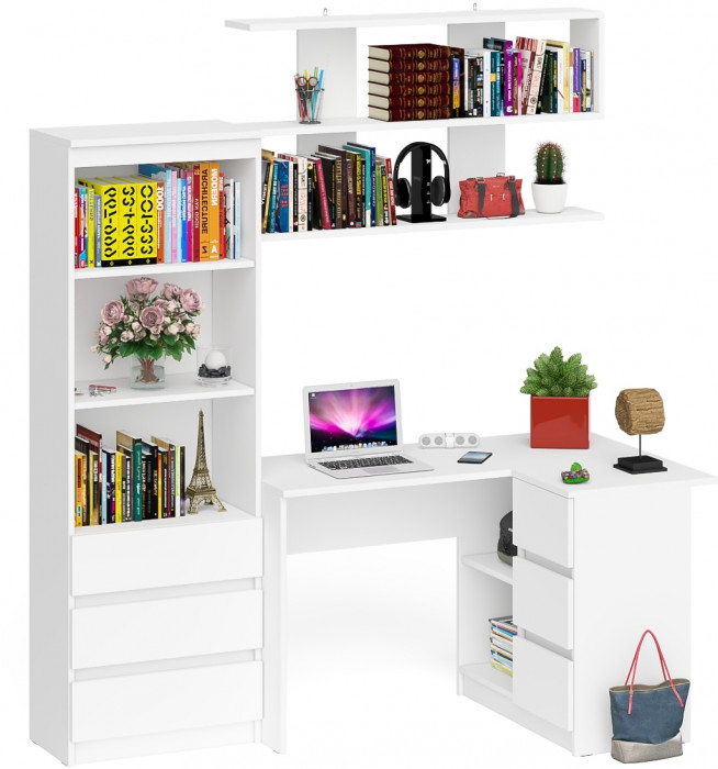 Мори компьютерный стол МС-16 правый + Стеллаж МСТ600.3 + Полка 1200, белый