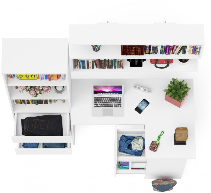 Мори компьютерный стол МС-16 правый + Стеллаж МСТ600.3 + Полка 1200, белый