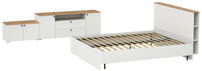 Остин 11.53 Кровать + ортопед + 16.47 Тумба под ТВ + 13.257 Тумба, белый шагрень/дуб крафт золотой