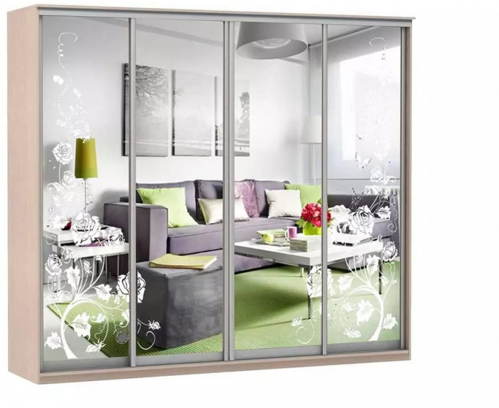 Шкаф купе Модерн 2362х600 4-х дверный 3-х секционный зеркальный с пескоструем №3 ясень