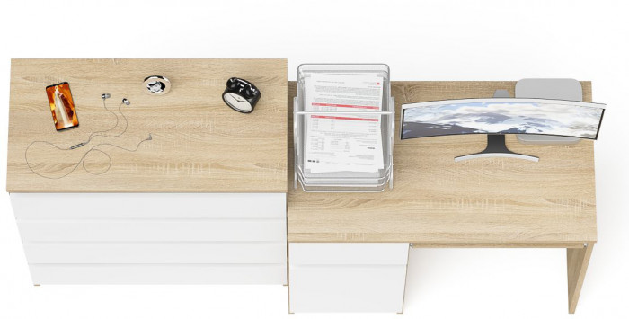 Мори компьютерный стол МС-1 левый + Комод МК800.4, дуб сонома/белый