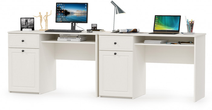 КР100 Роуз 12.148 Стол письменный + 12.148 Стол письменный, цвет ЛДСП белый(тиснение Поры дерева)/МДФ ясень ваниль, ШхГхВ 238х51,7х76,3 см., ун. сб.