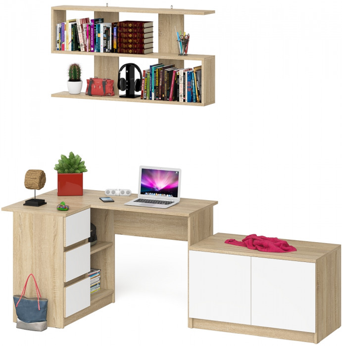 Мори компьютерный стол МС-16 левый + Тумба МА900.1 + Полка 1200, дуб сонома/белый
