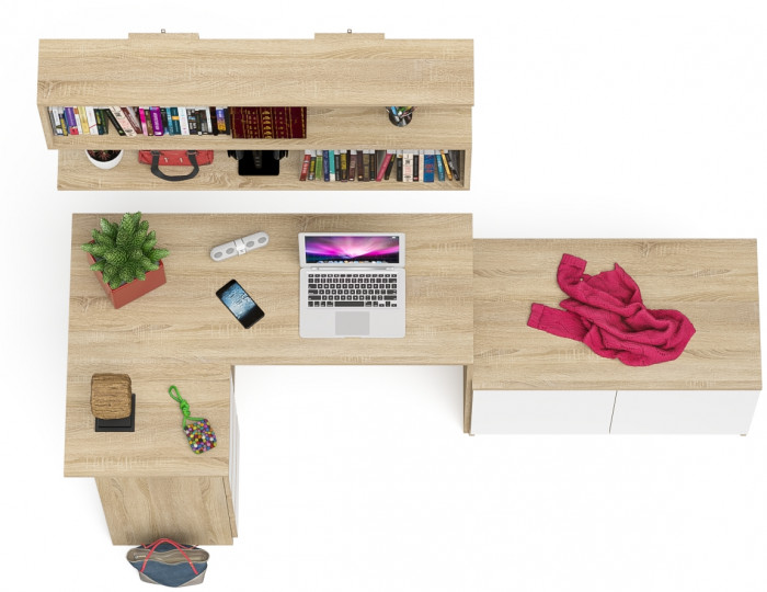 Мори компьютерный стол МС-16 левый + Тумба МА900.1 + Полка 1200, дуб сонома/белый