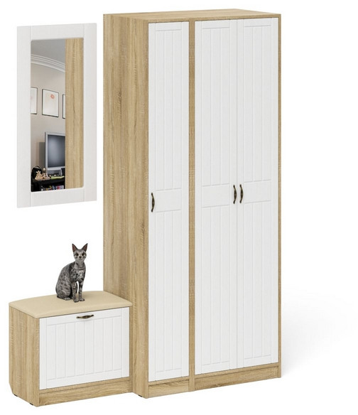 Прихожая П-6 Компоновка № 46, цвет дуб сонома/фасады МДФ белое дерево фрезеровка прованс, ШхГхВ 150х50х210 см., универсальная сборка