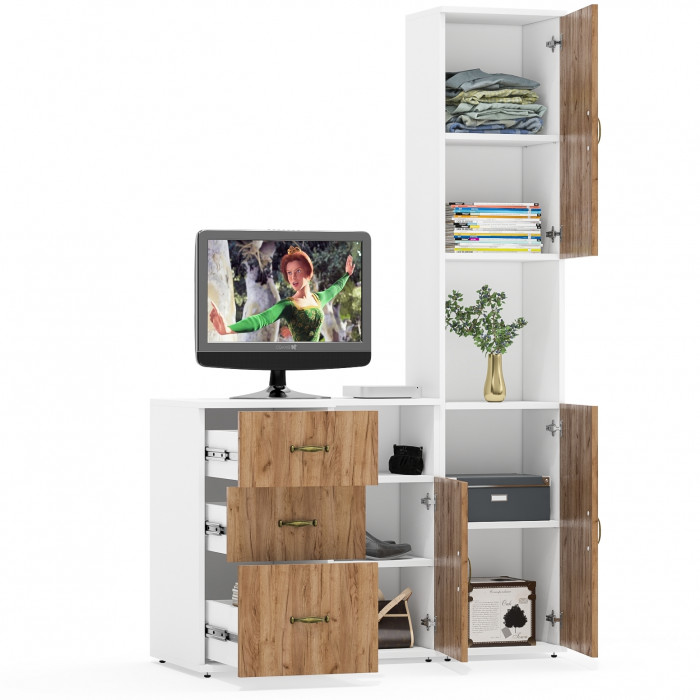 Лидер-8 Пенал + Тумба МД 3.16 + Тумба МД 3.19, белый шагрень/крафт золото