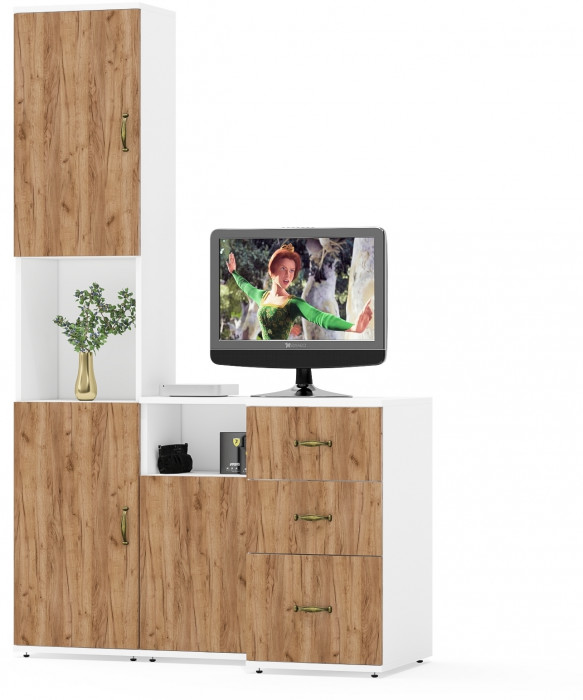 Лидер-8 Пенал + Тумба МД 3.16 + Тумба МД 3.19, белый шагрень/крафт золото