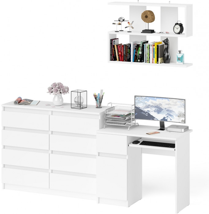Мори Стол компьютерный МС-1 левый + Комод МК1200.8 + Полка 900, цвет белый, ШхГхВ 210,4х50х209,6 см., НЕ универсальная сборка