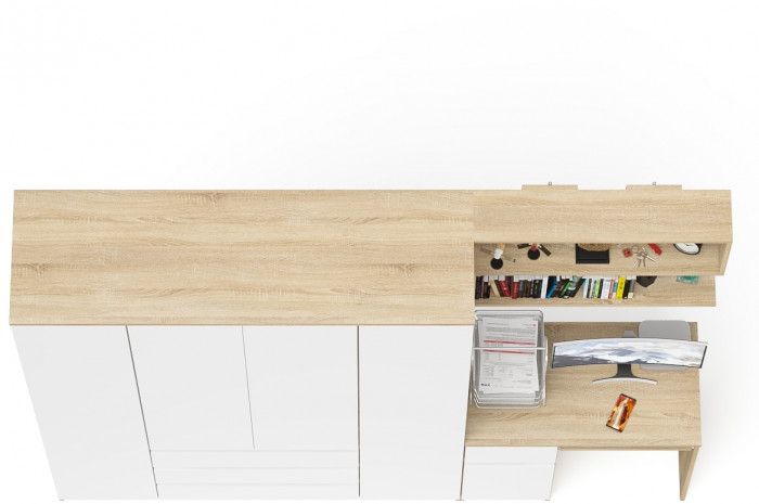 Мори Стол компьютерный МС-1 левый + Шкаф МШ1600.1 + Полка 900, цвет дуб сонома/белый, ШхГхВ 250,4х50,4х209,6 см., НЕ универсальная сборка
