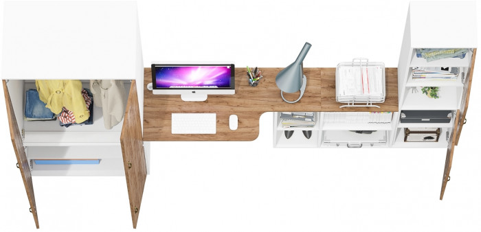 Лидер-8 Шкаф МД 19Б + Стол + Пенал, белый шагрень/крафт золото