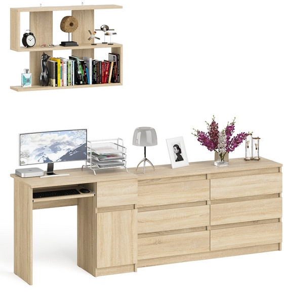 Мори Стол компьютерный МС-1 правый + Комод МК1380.6 + Полка 900, цвет дуб сонома, ШхГхВ 228х50х209,6 см., НЕ универсальная сборка