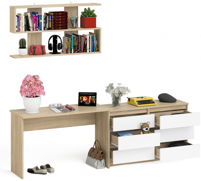 Мори письменный стол МСП1200.1 + Комод МК1200.6 + Полка 1200, дуб сонома/белый