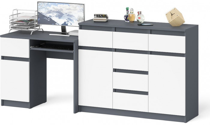 Мори компьютерный стол МС-1 левый + Комод МК1200.4, графит/белый