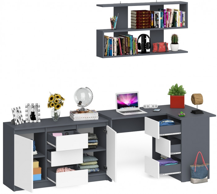 Мори компьютерный стол МС-16 правый + Комод МК1200.3 + Полка 1200, графит/белый