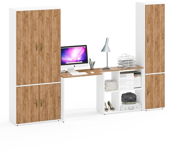 Лидер-8 Шкаф МД 20Б + Стол + Пенал 22Б, цвет белый шагрень/крафт золото, ШхГхВ 285х50/37,5х75/190 или 195х120х75/190 см., НЕ ун.сб.