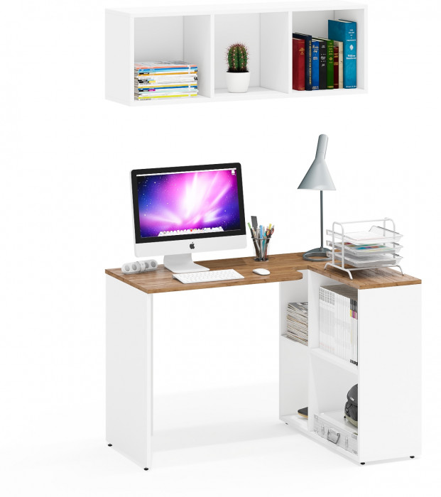 Лидер-8 Стол + Полка, цвет белый шагрень/крафт золото, ШхГхВ 165х50/30х190 см. или 115х50/80х190 см., НЕ универсальная сборка