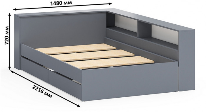 Ксения Кровать с ящиками 1200 + прикроватный блок + Столик с подсветкой Сура, графит