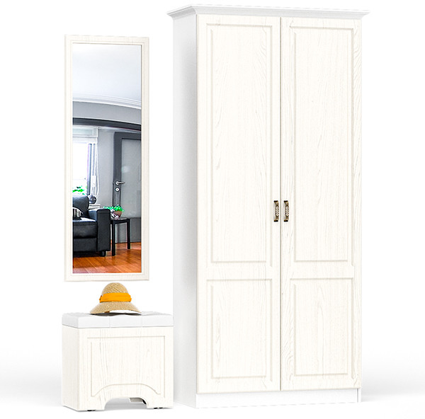 Ливерпуль Пуф 14.02 + Зеркало 03.242 + Шкаф для одежды + карниз 1000, цвет ясень ваниль/белый, универсальная сборка