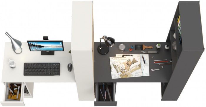 Два Стола письменных Лайт 10.01, цвет белый гладкий/тёмно-серый, ШхГхВ 230,6х58,2х179 см., универсальная сборка(обязательно крепление к стене)