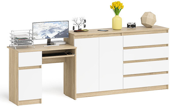 Мори Стол компьютерный МС-1 левый + Комод МК1600.1, цвет дуб сонома/белый, ШхГхВ 250,4х50х94 см., выдвижной ящик слева, НЕ универсальная сборка