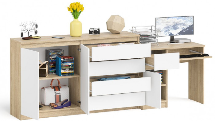 Мори Стол компьютерный МС-1 левый + Комод МК1600.1, цвет дуб сонома/белый, ШхГхВ 250,4х50х94 см., выдвижной ящик слева, НЕ универсальная сборка