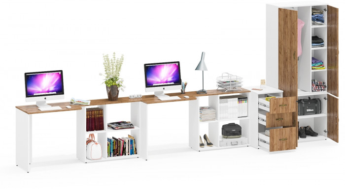 Лидер-8 Стол + Стол + Шкаф МД 20Б + Тумба МД 3.16, цвет белый шагрень/крафт золото, ШхГхВ 450х50/37,5х75/190 или 230х200/50х75/190 см., НЕ ун. сб.