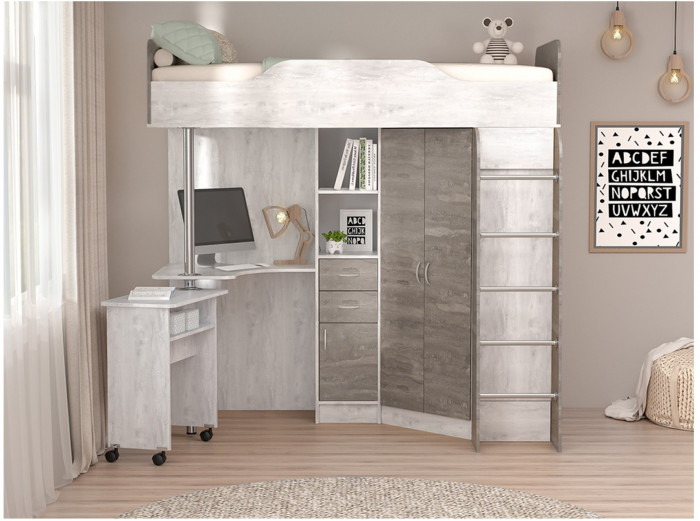 Кровать-чердак Бриз-1 80х190 (Бетон Светлый / Камень Темный)