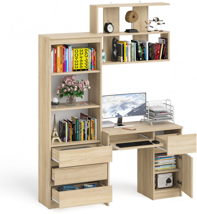 Мори компьютерный стол МС-1 правый + Стеллаж МСТ600.3 + Полка 900, дуб сонома