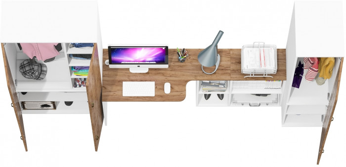 Лидер-8 Шкаф МД 20Б + Стол + Пенал 23Б, цвет белый шагрень/крафт золото, ШхГхВ 285х50/37,5х75/190 или 195х120х75/190 см., НЕ ун.сб.