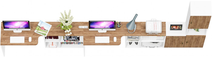 Лидер-8 Стол + Стол + Пенал + Тумба МД 3.15, цвет белый шагрень/крафт золото, ШхГхВ 410х50/30х75/190 см. или 230х50/160х75/190 см., НЕ универс. сборка