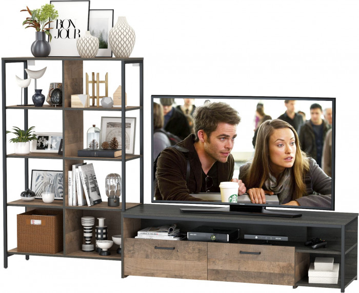 Трувор 13.70 Тумба под ТВ + 13.151.02 Стеллаж, цвет дуб гранж песочный/интра, ШхГхВ 239,8х45,4х146 см., универсальная сборка