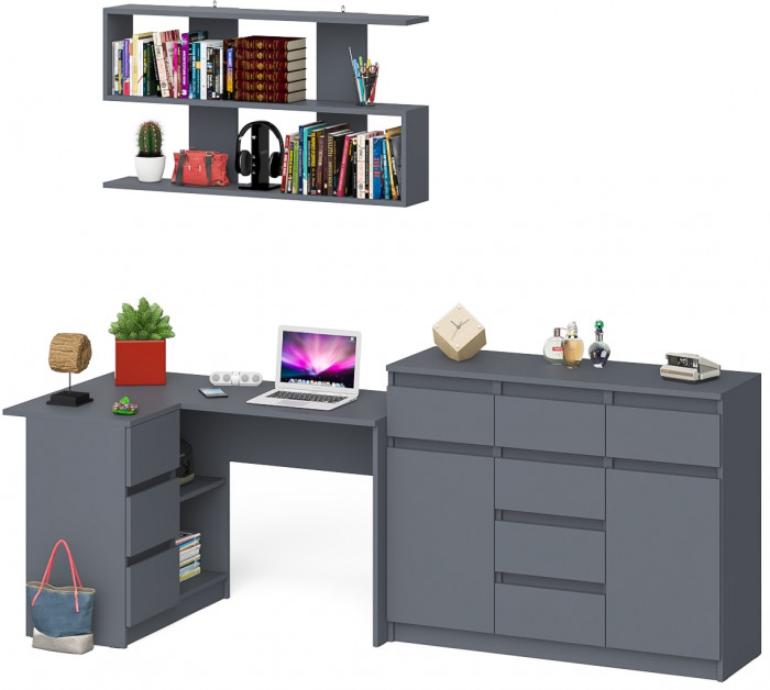Мори компьютерный стол МС-16 левый + Комод МК1200.4 + Полка 1200, графит