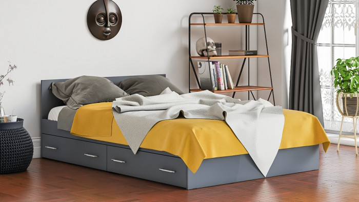 Мори Кровать с ящиками 1400, цвет графит, ШхГхВ 143,5х203,5х70 см., сп.м. 1400х2000 мм., без матраса, основание есть