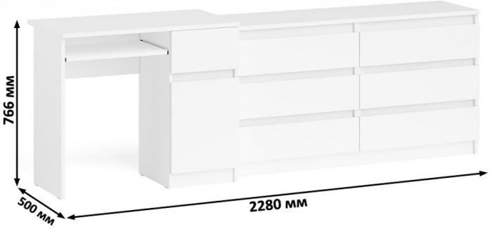 Мори Стол компьютерный МС-1 правый + Комод МК1380.6, цвет белый, ШхГхВ 228х50х76,6 см., выдвижной ящик справа, НЕ универсальная сборка