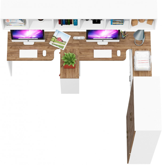 Лидер-8 Стол + Полка + Стол + Полка + Шкаф МД 20Б + Тумба МД 3.15, белый шагрень/крафт золото