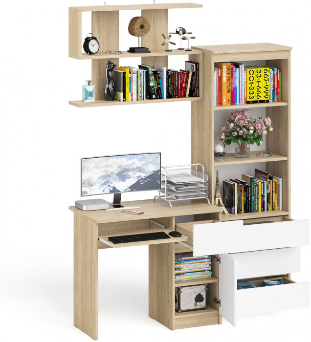 Мори компьютерный стол МС-1 правый + Стеллаж МСТ600.3 + Полка 900, дуб сонома/белый