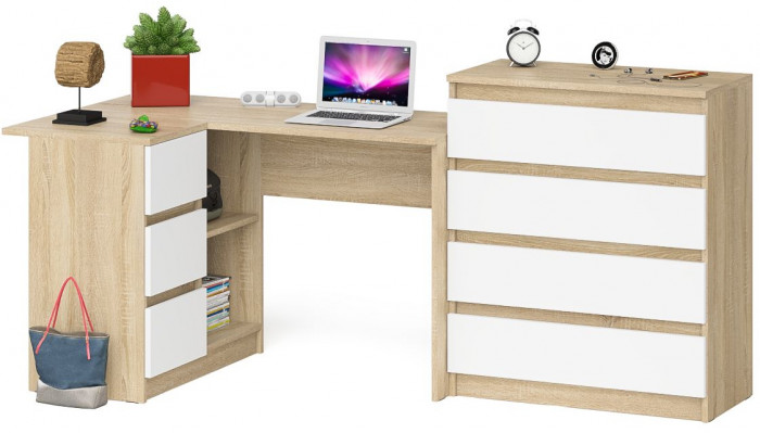 Мори компьютерный стол МС-16 левый + Комод МК800.4, дуб сонома/белый
