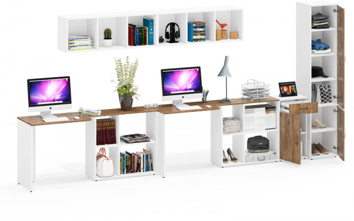 Лидер-8 Стол + Полка + Стол + Полка + Пенал МД 22Б + Тумба МД 3.15, цвет белый шагрень/крафт золото, 410х50х75/190 или 230х160/50х75/190, НЕ ун. сб.