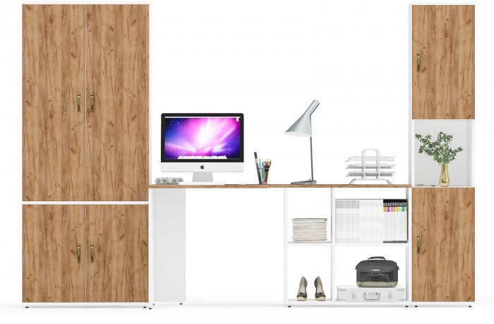 Лидер-8 Шкаф МД 20Б + Стол + Пенал, цвет белый шагрень/крафт золото, ШхГхВ 285х50/37,5х75/190 или 195х120х75/190 см., НЕ универсальная сборка