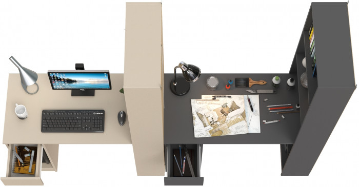 Два Стола письменных Лайт 10.01, цвет сатин/тёмно-серый, ШхГхВ 230,6х58,2х179 см., универсальная сборка(обязательно крепление к стене)