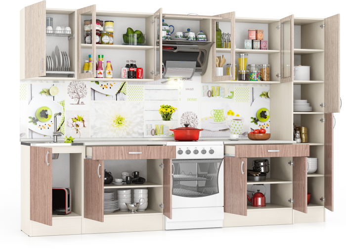 Кухня Мери 10 ШВ500+ШВС800+ШВв600+ШВС800+Пенал кухонный 40 см.+ШНМ500+ШН1Я800+ШН1Я800, цвет дуб/ясень шимо светлый/тёмный, ШхГхВ 310х60х212 см.