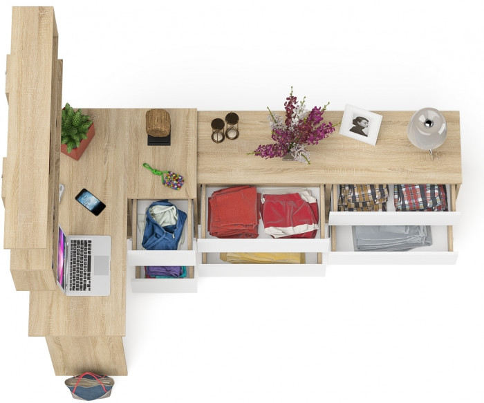 Мори компьютерный стол МС-16 правый + Комод МК1380.6 + Полка 1200, дуб сонома/белый