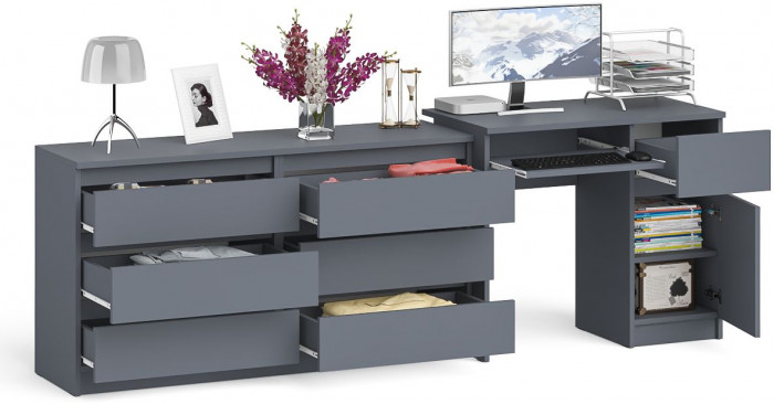 Мори Стол компьютерный МС-1 правый + Комод МК1380.6, цвет графит, ШхГхВ 228х50х76,6 см., выдвижной ящик справа, НЕ универсальная сборка