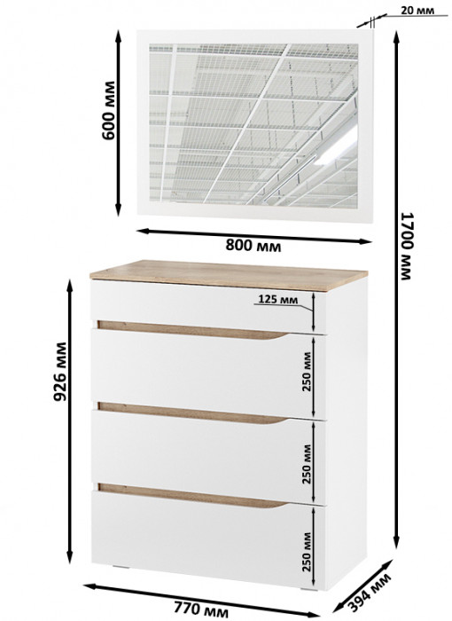 Муссон 13.97 Комод + Зеркало СВК, цвет белый/дуб эндгрейн элегантный, ШхГхВ 77х39,4х92,6 + 80х2х60 см., четыре выдвижных ящика, ручки-вырезы
