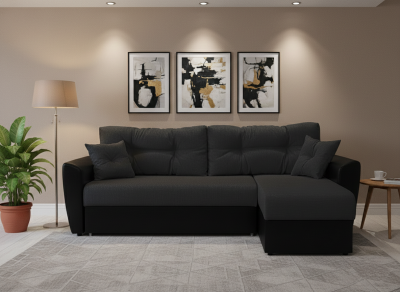 Диван-еврокнижка угловой Амстердам, 150х200, рогожка/экокожа черный