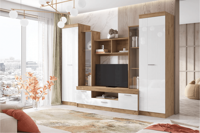 Гостиная Атлантида 6 (Дуб крафт/ Белый Глянец)