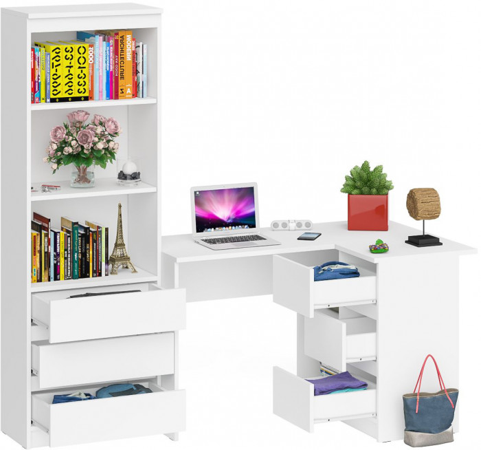 Мори компьютерный стол МС-16 правый + Стеллаж МСТ600.3, белый