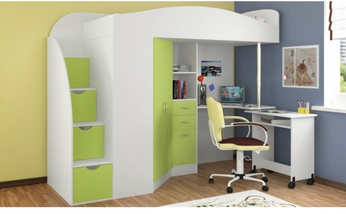 Детская кровать-чердак Теремок-1 Гранд, Белый / Салатовый