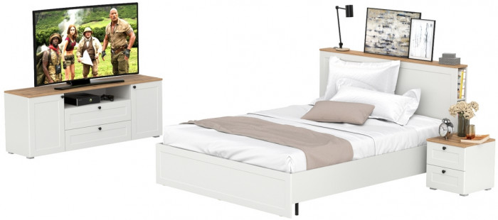 Остин 11.53 Кровать + ортопед + 16.47 Тумба под ТВ + 16.152 Тумба прикроватная, белый шагрень/дуб крафт золотой