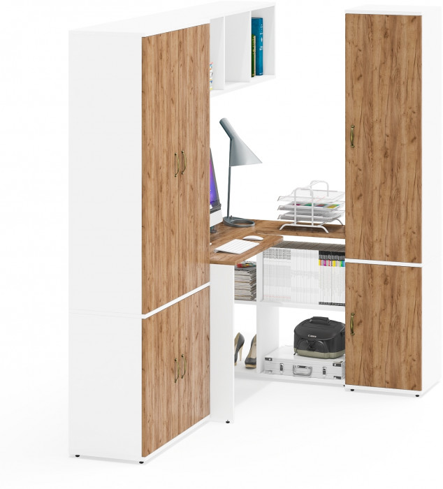 Лидер-8 Шкаф МД 20Б + Стол + Полка + Пенал 21Б, цвет белый шагрень/крафт золото, ШхГхВ 285х50/37,5х75/190 или 195х120х75/190 см., НЕ ун.сб.